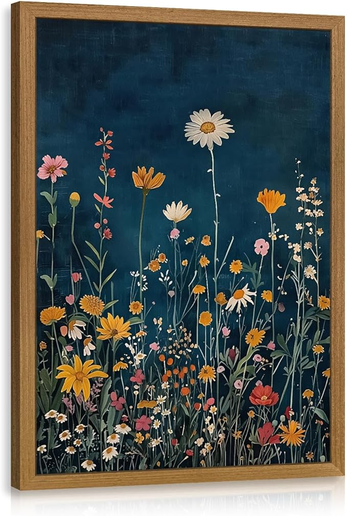 CAZLOUC Vintage Wildflower Wall Art, Colorful Botanical Flower Wall Decor, Rustic Dark Blue Floral Canvas Painting, Classic Minimalist Poster Print for Bedroom Office Wood Framed 12x16 Inch