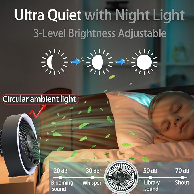 Small Fan, High Power Silent Desk Fan Portable USB Fan 3000mAh Rechargeable Battery Powered, 3 Speed 5.3in with Night Light/Hook,180°Rotated Easy Clean (Black)