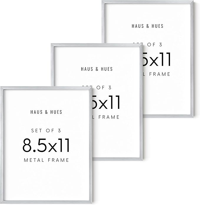 HAUS AND HUES 8.5x11 Silver Metal Picture Frames - Features Premium Aluminum, Vertical & Horizontal Hang, Shatterproof Plexiglass - Perfect for Home, Room, Office (8.5x11 in, Silver, Set of 3)