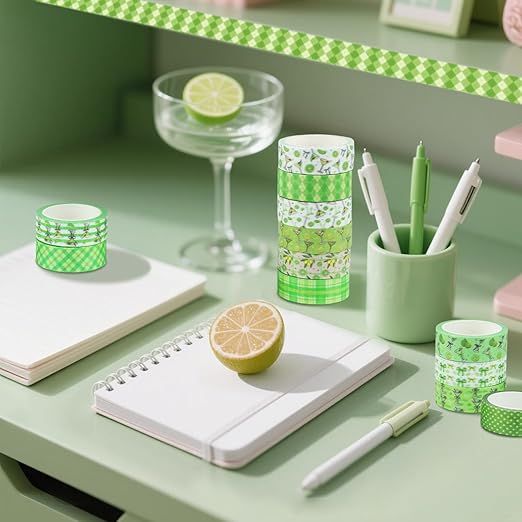12 Rolls Greenery Washi Tape, Martini Bow Lemon Masking Tape, Checkered Martini Glass Decorative Sticker for Christmas Party Afternoon Tea Scrapbook Journal DIY Craft Gift Wraps 16.4FT