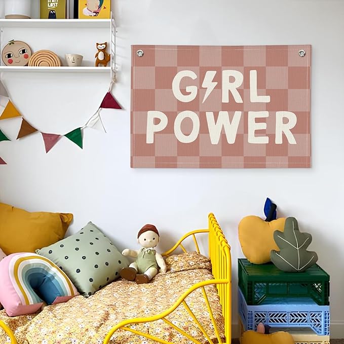 Pink Girls Room Wall Decor Banner, Girl Power Linen Canvas Banner, Inspirational Wall Hanging Decor for Little Toddler Baby Girls Room Playroom
