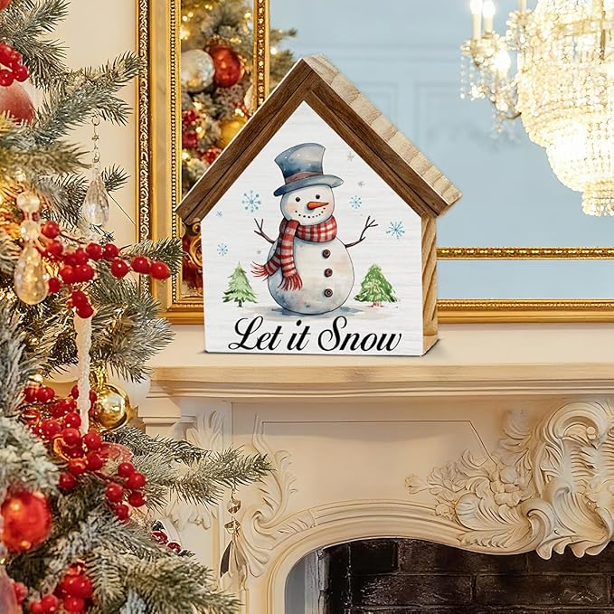 Let It Snow Sign, Christmas Snowman Decor, Winter Snowman House Shaped Wooden Sign， Christmas Home Decor for Desk Table Shelf
