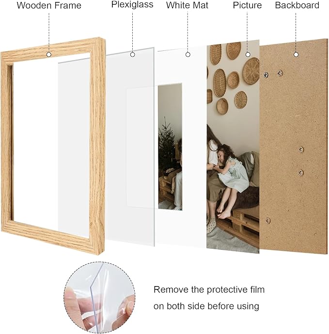 11x14 Picture Frame Set of 9, Photo Gallery Wall Frame Set, Display Pictures 8x10 with Mat or 11 x 14 Without Mat, Multi Photo Frames for Wall Mounting or Table Top Display, Natural Oak