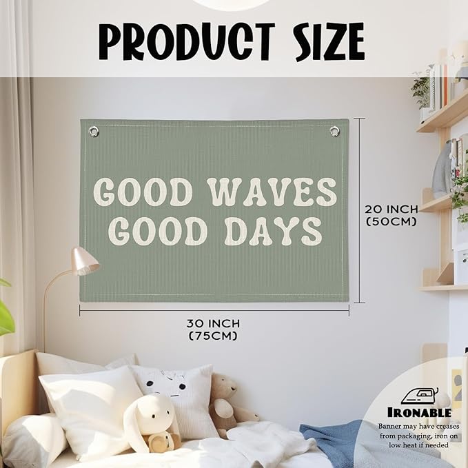 Surf Nursery Decor, Ocean Wave Coastal Beach Linen Canvas Banner, Good Waves Good Days Summer Wall Hanging Flag Decor for Toddler Boys Girls Room Playroom