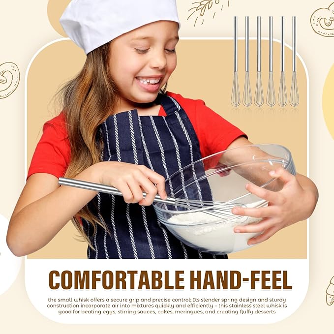 Baderke 6 Pcs 10.2 Inch Mini Small Whisk Long Handle Stainless Steel Egg Whisks Egg Beater Coffee Wire Whisk, Great for Blending, Whisking, Beating, or Stirring Eggs Mixing Salad Dressings, Sauces