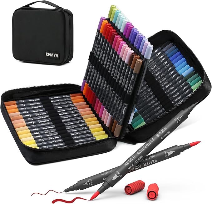Markers for Adult Coloring Books: 60 Color Dual Tip Fine & Brush Pens - Water-Based Coloring Marker for Adults Drawing Sketching Bullet Journal Writing Lettering No bleeding