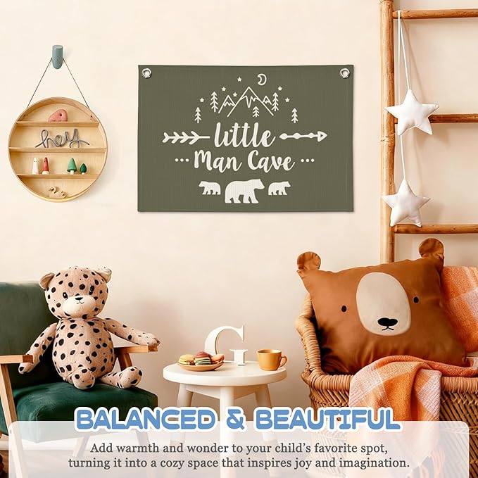 Boys Room Decor Wall Art,Woodland Nursery Decor,Little Man Cave Sign for Boys Banner Canvas,Nursery Room Wall Hanging for Bedroom,Farmhouse 30X20 Inch
