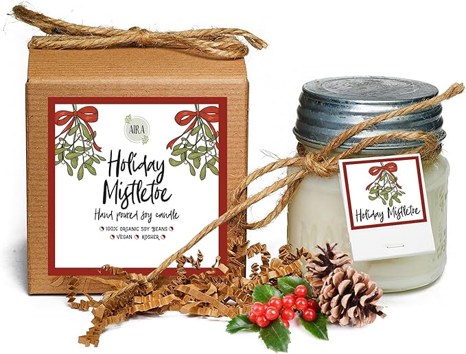 Aira Soy Candles - Organic, Kosher, Vegan, in Mason Jar w/Therapeutic Essential Oils - Hand-Poured 100% Soy Candle Wax - Paraffin Free, Burns 110+ Hours - Holiday Mistletoe Christmas Candle - 8 Oz
