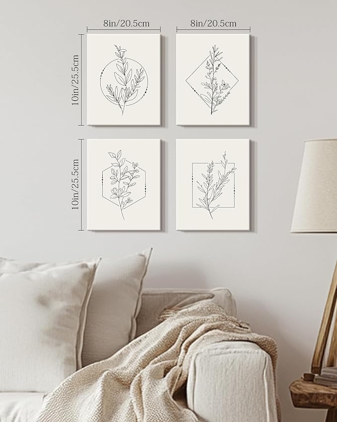 Drsoum Botanical Flower Boho Framed Wall Art Wooded Minimalist Aesthetic Floral Prints Farmhouse Retro Plants Rustic Bathroom Kitchen Home Decor Ready to Hang 8x10inx4pcs (Framed)