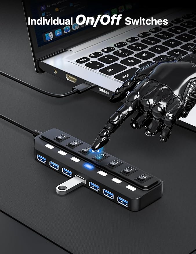 USB Hub 7 Port,USB 3.0 Hub Splitter with Individual On/Off LED Switches, USB Hub for PC, 5Gbps HighSpeed Data for Laptop, Mac, PC, Desktop, PS5, Xbox and More