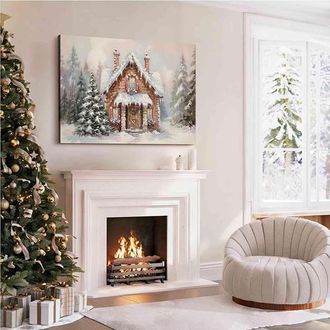 Snowy Cabin Wall Art Christmas Landscape Print Watercolor House Poster Festive Holiday Canvas Print Rustic Winter Scene Wall Decor Indoor Decor for Living Room Bedroom Kitchen Cabin Christmas Holiday