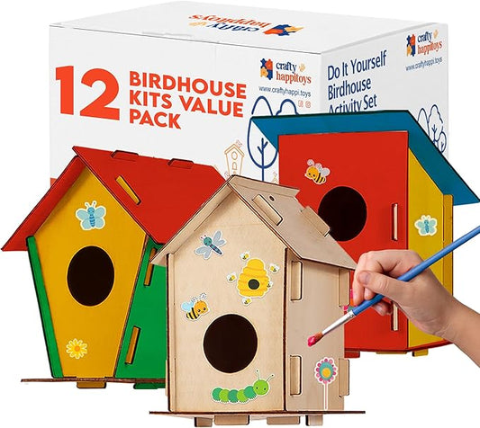 12 DIY Bird House Kits For Children to Build - Wood Birdhouse for Kids to Paint - Unfinished Bird Houses for Kids - Wood Craft Project Kits - Wooden Arts & Craft for Girls & Boys - Classroom Activity