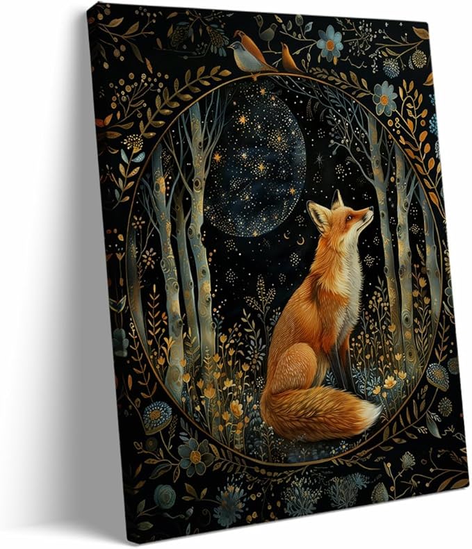 Nordic Rustic William Morris Fox Wall Art,William Morris Moon & Stars Print,William Morris Cute Fox Print Painting,Vintage Animal Wall Art Poster Decor for Living Room Bedroom 8x12in Frame wall art