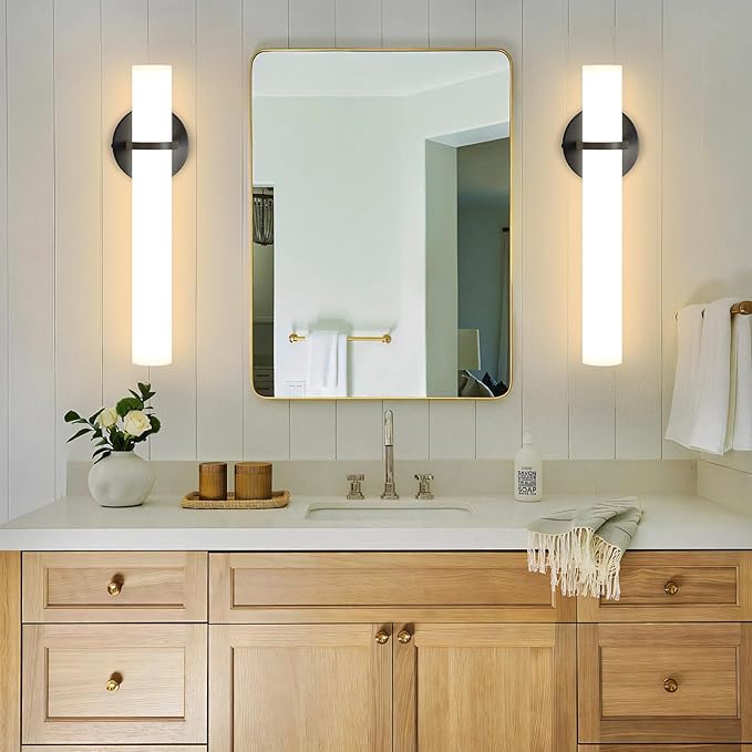 16W LED Dimming Wall Sconces 2 Packs, 3000K Warm Lights Dimmable, White Lampshade Bathroom Vanity Lighting Wall Light Fixtures for Bedroom Dining Living Hallway, Black