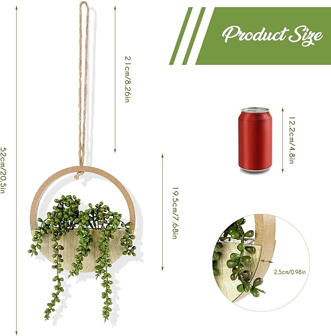 2PCS 12.2" Fake Hanging Plant, Succulent Wall Decor, Fake Plants Decor, String of Pearls in Pot with 8.3" Lanyard for House Indoor Outdoor Bedroom Wall Decor Aesthetic (Wooden)