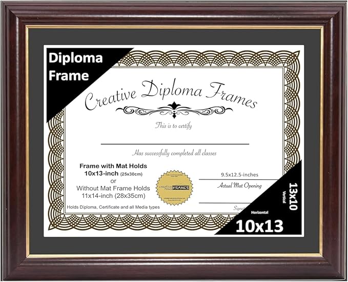 Creative Picture Frames 10x13 Mahogany Gold Rim Diploma Frame with Black Mat Glass Easel and Installed Wall Hangers | Frame Holds 11x14 Media without Mat