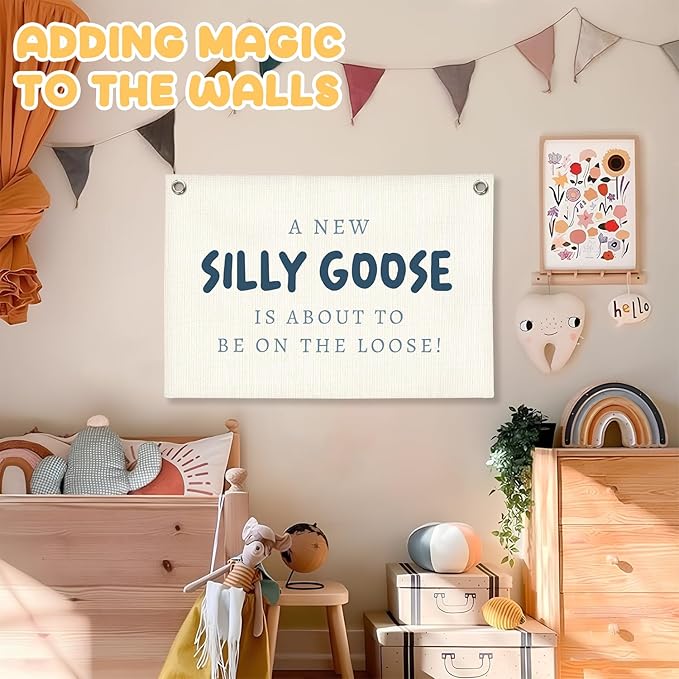 Silly Goose Kids Room Decor, A New Silly Goose Linen Canvas Banner, Blue Goose Nursery Wall Hanging for Boys Girls Room, Playroom Decor Banner Nursery Wall Art Boy Playroom Decor, 30x20 Inch
