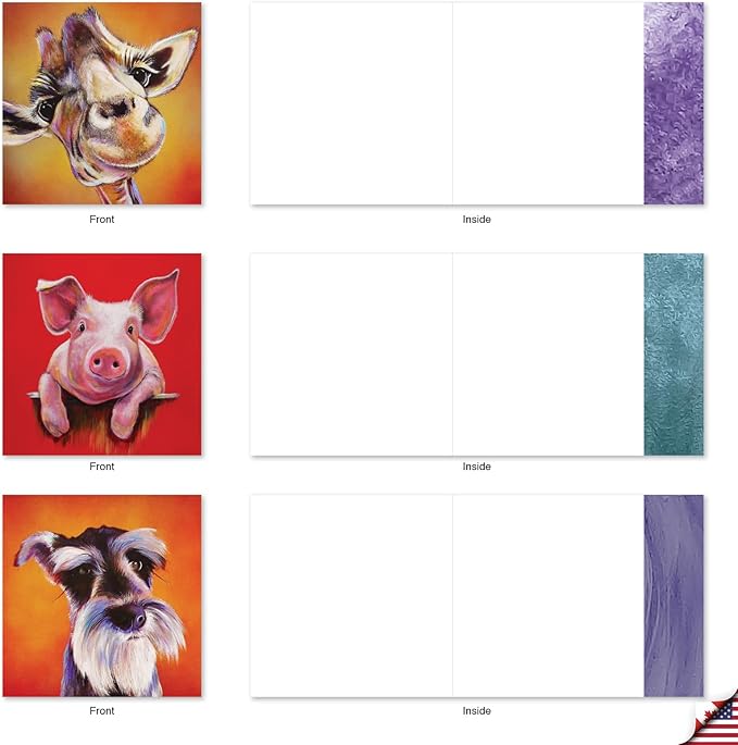 The Best Card Company - 20 Bulk Animal Note Cards Blank (4 x 5.12 Inch) - Fun Assorted Notecards with Envelopes (10 Designs, 2 Each) - Animal Magnetism AMQ6218OCB-B2x10