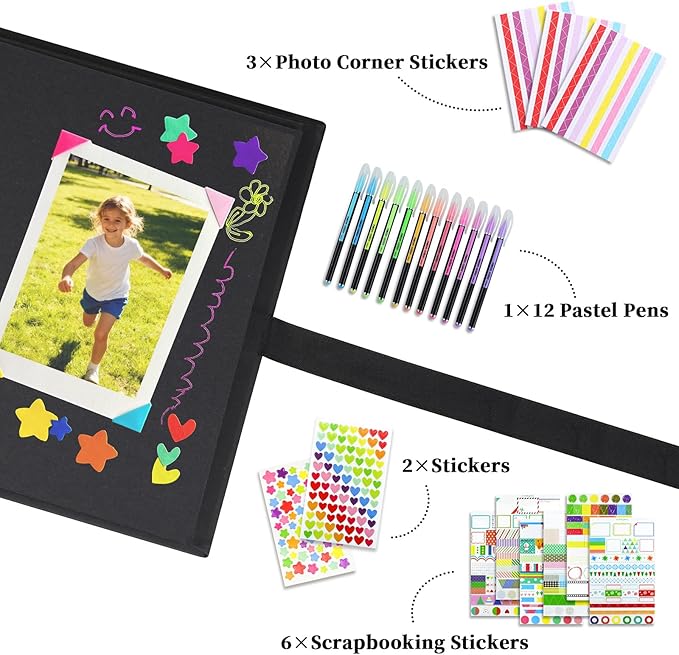 Vienrose Scrapbook Album 80 Pages, DIY Photo Album with Accessories, Black Kraft Paper Memory Book for Wedding, Birthday, Travel, Christmas, Mother’s Day, 11x8 Inches