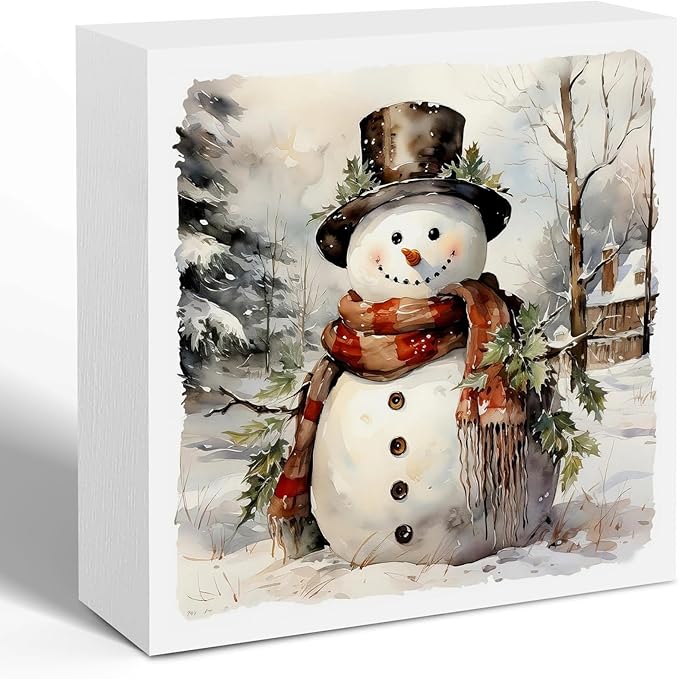 Vintage Snowman Winter Christmas Wooden Box Sign, Snowman Christmas Decorations, Rustic Xmas Winter Snowy Tree Cottage Wood Signs for Home Office Desk Shelf Tabletop Decor, 5x5 Inch Decorative Signage