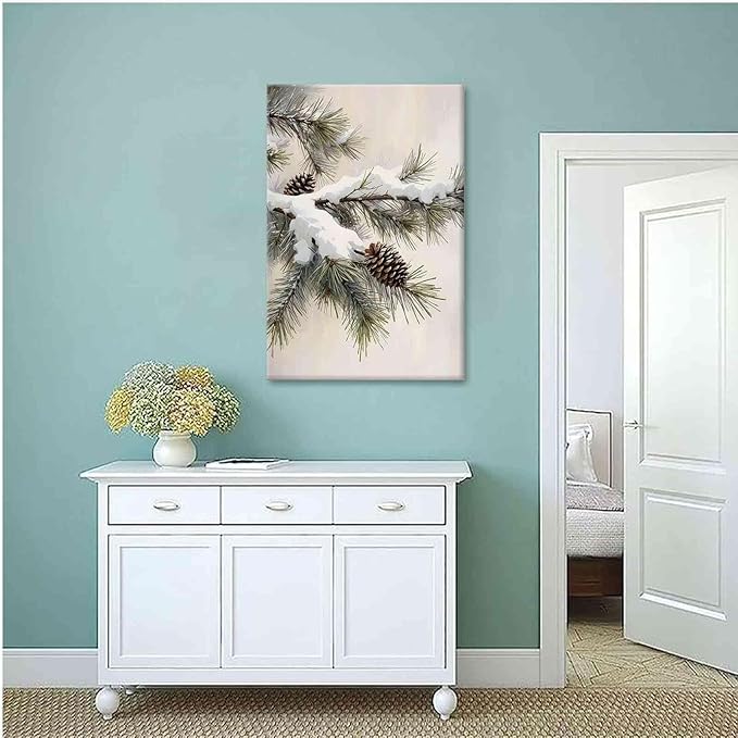 Canvas Wall Art Snowy Fir Branch with Pinecones Vintage Winter Botanical Art Rustic Cottagecore Nature Decor Christmas Wall Print 32x48in-UnFramed