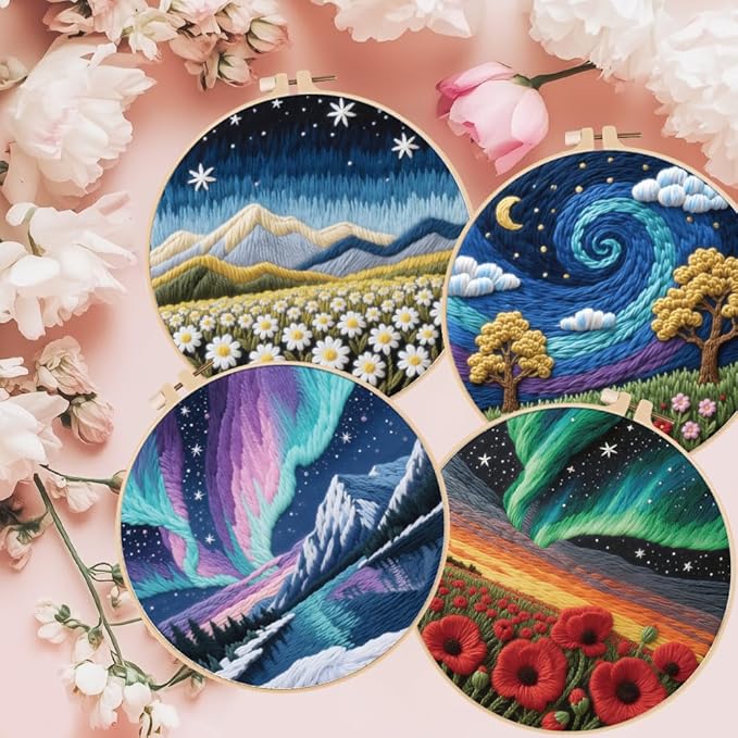 ACRNIGHEET 6Pcs Embroidery Kit for Beginners Adults, Complete Cross Stitch Kits, Landscape Embroidery Kit for Home Decor and DIY Craft Projects, Great Gift for Embroidery Lovers