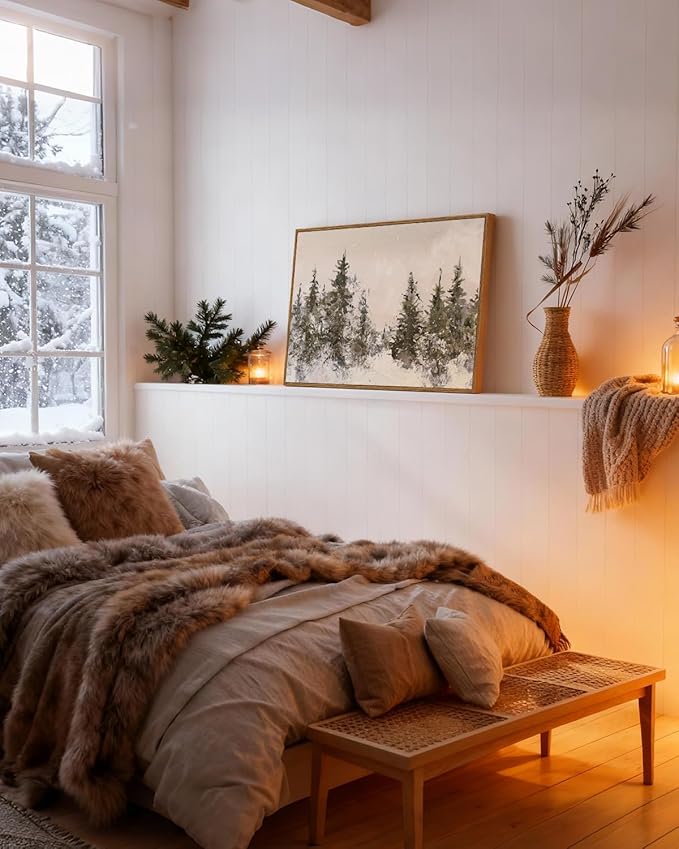 VIYYIEA Framed Canvas Wall Art, Large Vintage Christmas Picture Decor Indoor, 16x24in, Retro Winter Pine Forest Painting Artwork For Living Dining Room Hallway Fireplace, Holiday Decorations