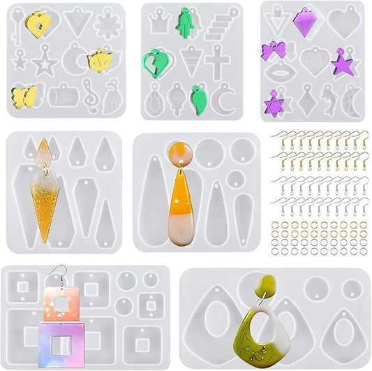 7Pcs Earring Resin Silicone Molds with 40 Earring Hooks, Epoxy Resin Jewelry Molds Silicone Set for Casting Irregular Shape Mold for Earrings Pendant Necklace Bracelet Keychain (7 Pcs-Small)