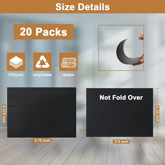 Black Greeting Cards with Envelopes 4.25 x 5.5 Heavyweight Single Panel Cardstock and Printable A2 Envelopes Self Seal 20 Packs for DIY Wedding Invitations, Christmas, Birthday Party