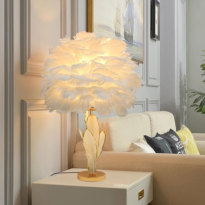 Chic White Feather Lamp Creative Furry Table Lamp Modern Feather Desk Lights Romantic Princess Bedside Nightstand Light for Teen Girls Bedroom Decor Living Room Wedding Christmas Kids Room