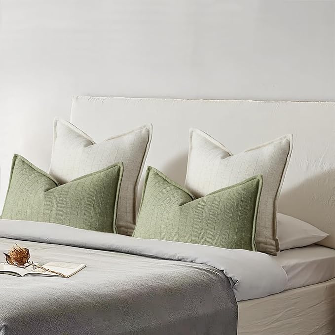 18x18 Linen Pillow Covers Beige Pack of 2 Farmhouse Boho Neutral Accents Striped Textured Square Decorative Throw Pillow Cases for Living Room Couch Bed Home Decor