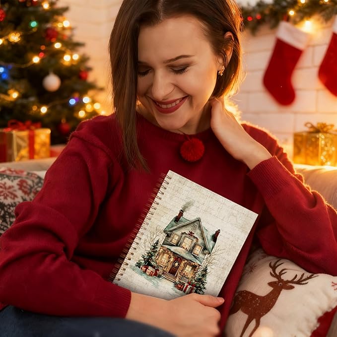 Exqcom Christmas House Spiral Notebook Gifts, Winter Holiday Cottage Retro Journal for Women, Christmas Office Gifts Hardcover Notebook Journal Office School Supplies, 5.5x8.3 Inch