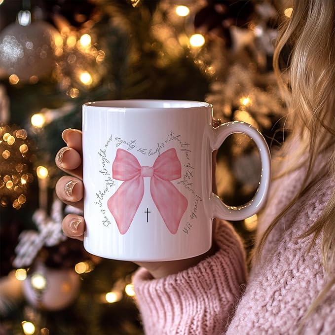 Christian Bible Verse Pink Bow Coffee Mugs for Women, Coquette Encouragement Inspirational Christian Gifts for Women, She Is Clothed With Strength and Dignity Mug, 11oz Ceramic Cup White