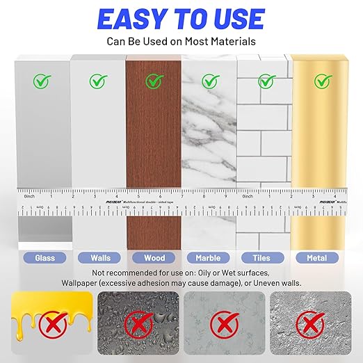 Double Sided Tape Heavy Duty, Heat Resistant and Removable, Clear Mounting Nano Tape with Measurement Guide (Printed Inch/cm Backing) Ideal for Home, Office, and Picture Hanging 1.18" x 9.85'