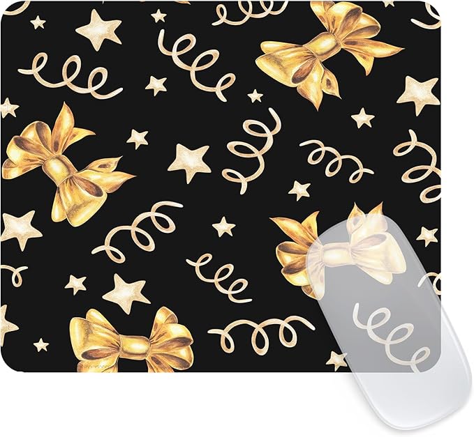 Seorsok Square Aesthetic Gold Bows and Golden Stars Mouse Mat,Premium Textured Mouse Pads for Office Laptop,Washable Square Mousepads with Extended Stitched Edges Non Slip Rubber Base,Black
