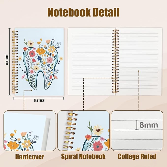 WUCHJ Dentist Gifts Notebook Journal, Dental Assistant Office Gifts for Women, Blue Floral Tooth Dental Spiral Notebook Journal for Note Taking, Dentist Office Supplies, 5.5x8.3 Inch