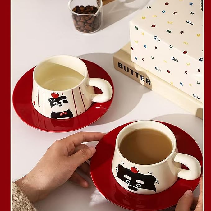 Cute Dog Couple Cup with Thick Grip, Ceramic Coffee Mug with Spoon, Gifts Suitable for Birthdays, Christmas, Halloween and Family Gatherings (Pinstripe)