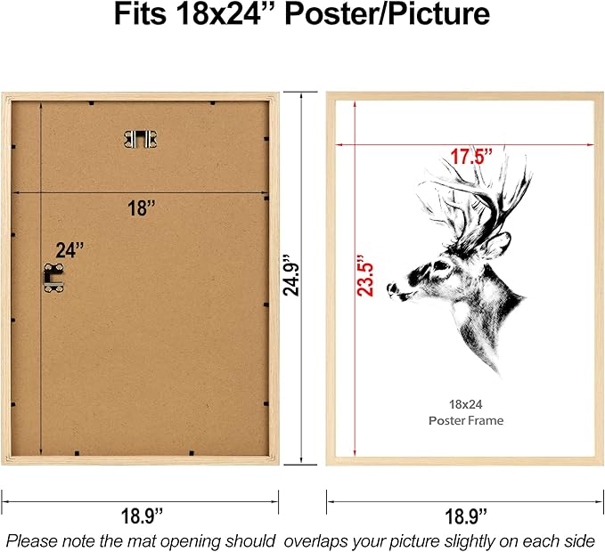 Yaetm 18x24 Poster Frame Set of 4, Natural Solid Oak Wood Frame 18x24 for Photos, Posters & Art Prints, Wall Gallery for Horizontal and Vertical Wall Mount (4 pack, Oak)