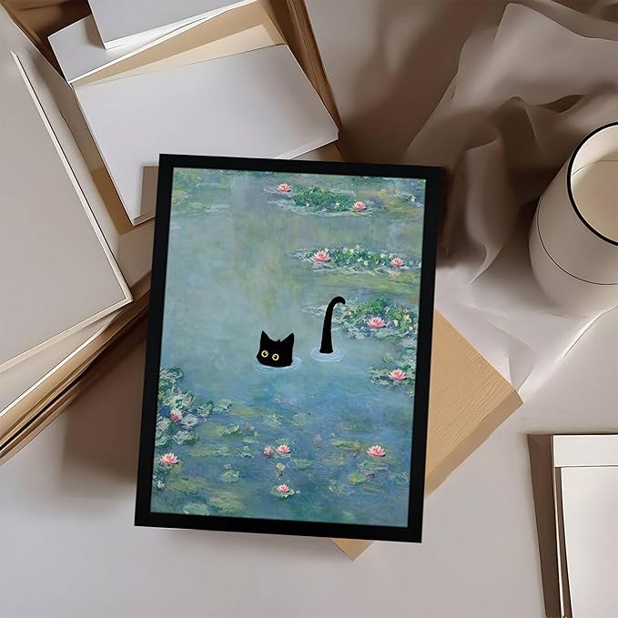 Fantasy Artists Monet Water Lilies Cat Wall Art, Framed Vintage Canvas Art Wall Decor, Funny Black Cat Posters Prints for Bathroom Bedroom Living Room Home Office Decorations 8" Wide X 10" Height