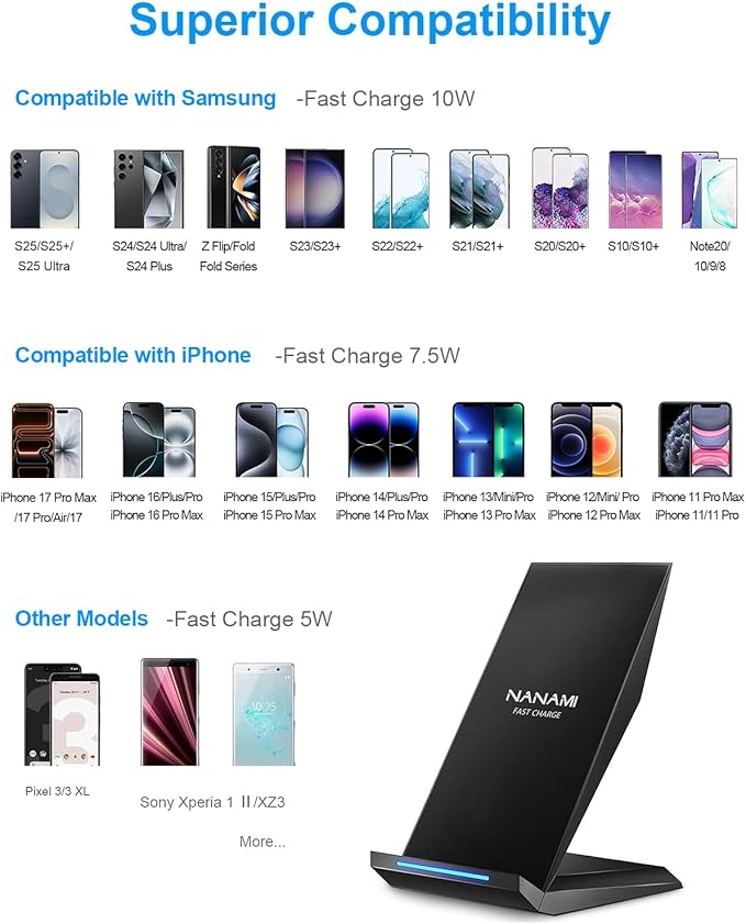 NANAMI Fast Wireless Charger with USB Phone Charger, Qi Certified Charging Stand with 20W PD Adapter for iPhone 17/17 Pro/17 Pro Max/16/16 Plus/15/14/13/12,10W for Samsung Galaxy S25/S24/S23/S22/S21