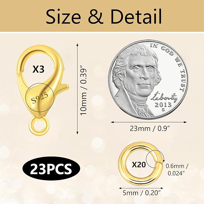 23Pcs 14K Goldplated Lobster Claw Clasps 10mm with Open Jump Rings Jewelry Making Set, 925 Sterling Silver Jewelry Finding Supplies Small Gold Lobster Clasps for Necklaces Bracelet Chains Connector