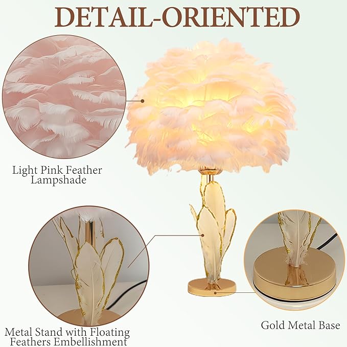 Pink Feather Lamp Goose Furry Table Lamp Princess Modern Fluffy Pink Desk Lamp Romantic Bedside Nightstand Light for Girl Bedroom Wedding Decor Living Room Entryway Christmas Gift
