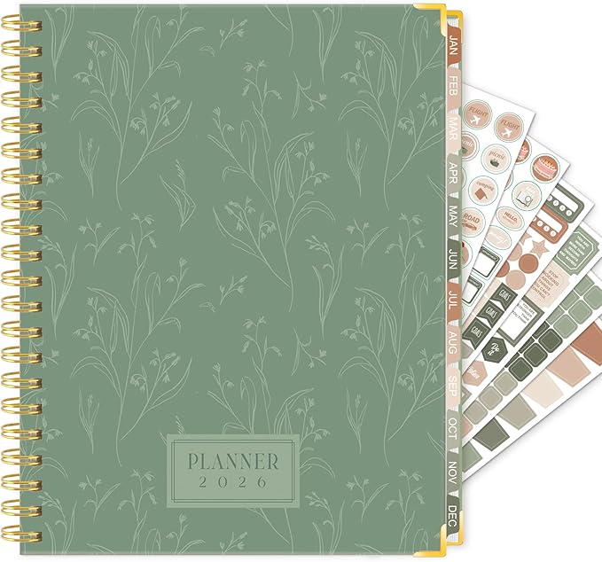 GuassLee 2026 Planner, Weekly and Monthly Planner from January 2026-December 2026, 8.4"x 6.1" Aesthetic Greenery Agenda Book with Back Pocket, Stickers, Coated Tabs, A5 Size