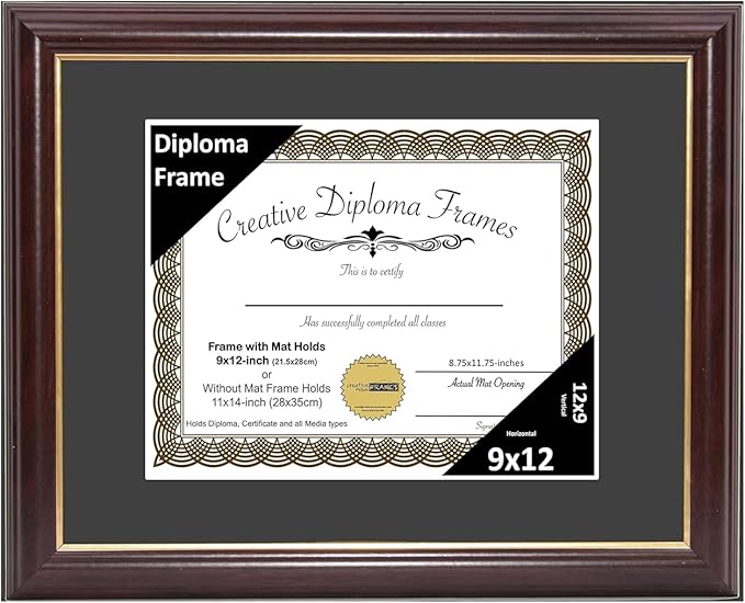 Creative Picture Frames 9x12 Mahogany Gold Rim Diploma Frame with Black Mat Glass Easel and Installed Wall Hangers | Frame Holds 11x14 Media without Mat