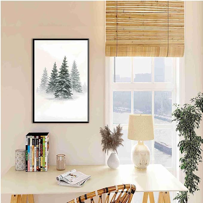 Framed Canvas Wall Art Snowy Evergreen Trees Print Winter Forest Wall Art Christmas Watercolour Painting Winter landscape Snowy Pine tree poster 8x12in Metal blackFramed