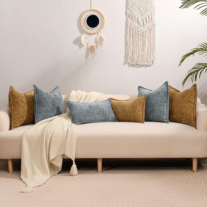 Pack of 2 Golden Brown Decorative Throw Pillow Covers 12x20 Cozy Soft Chenille Accent Vintage Rectangular Lumbar Couch Pillow Covers for Home Decor Bed Sofa Living Room