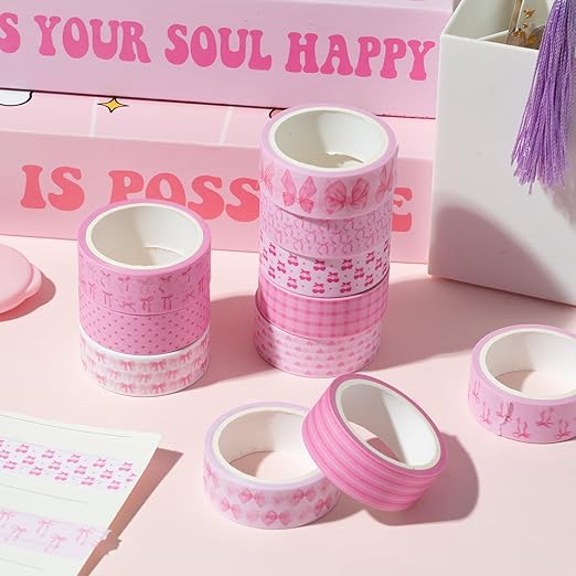 12pcs Coquette Pink Washi Tape, Trendy Watercolor Pink Bow Cherry Preppy Aesthetic Decorative Tape, Cute Bowknot Heart Buffalo Plaid Artistic Tape for DIY Craft Scrapbook Wrapping Decor