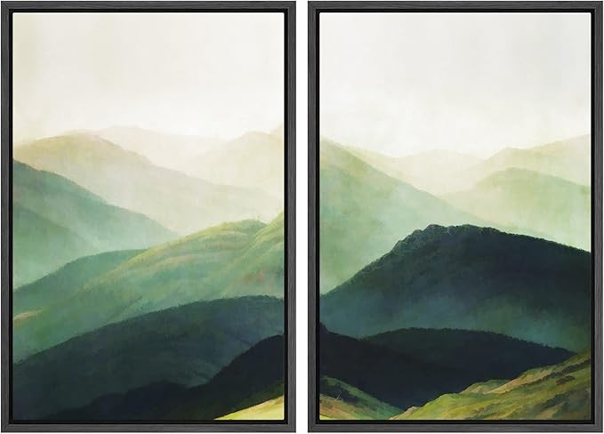 SIGNWIN Framed Canvas Print Wall Art Set Green Mountain Range Forest Landscape Nature Wilderness Digital Art Modern Art Floral Rustic Decorative for Living Room, Bedroom, Office - 16"x24"x2 Black