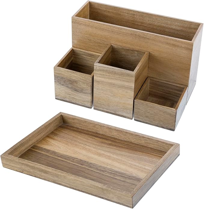 MyGift Wood Desktop Organizer, 5 Piece Premium Acacia Solid Wood Modular Desk Organizer Set with Mail Holder, Pen Holder, Paper Tray for Office Supplies, Home and Office Use