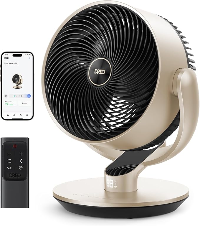Dreo 16''Height 25dB Quiet Smart Fans for Bedroom, DC Room Fan with Remote, 120°+120° Omni-Directional Oscillating Fan, 6 Modes, 9 Speeds, 12H Timer, Alexa/Google/WiFi/Voice Control, Gold
